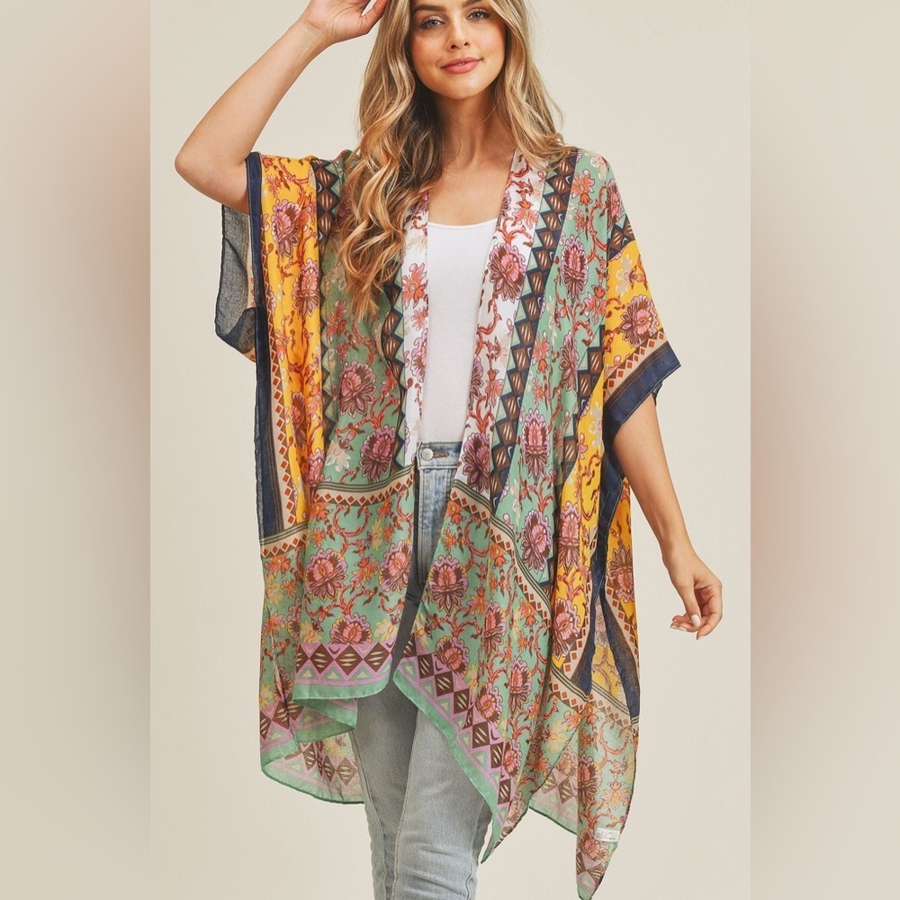 Boho Mixed Print Floral Kimono Cardigan Festival Vibe Duster One Size fits S-2XL